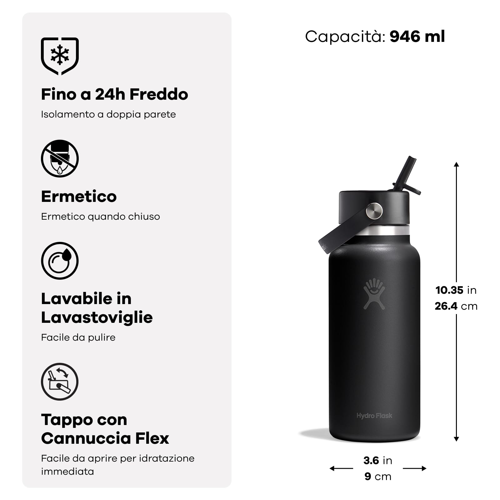 Hydro Flask – Wide Flex Straw Cap 946 ml (32 oz) Bottle – Acciaio Inox, Cannuccia Ermetica, Lavabile in Lavastoviglie – Isolato Freddo 24 Ore – Compatibile con Cubetti di Ghiaccio – Agave