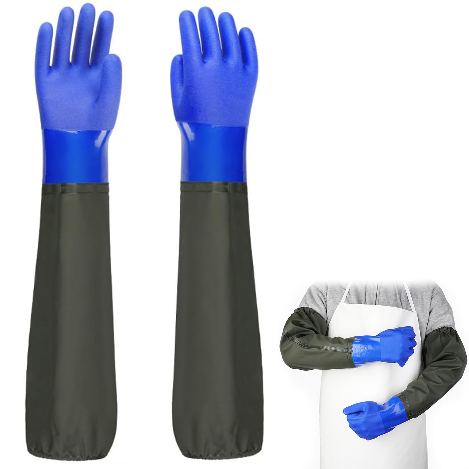 HORREX Long Rubber Gloves 27.56" Waterproof and Reusable Pond Gloves, Blue