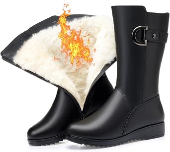 Winter Warm Mid-Calf Boots For Middle Age Older Women Comfy And Stylish Plus Velvet Platform High Wedges Boots Shoes