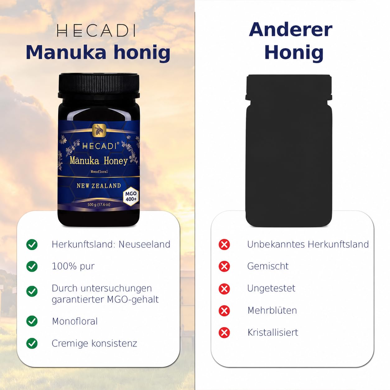 Hecadi Manuka Honig 400+ MGO 500g Monofloral aus Neuseeland 100% Pur