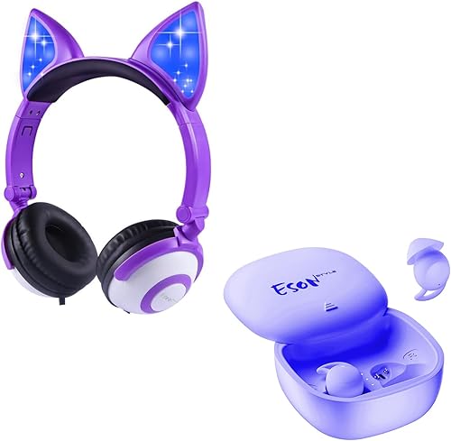 esonstyle Auriculares para niños sobre la oreja con orejas LED brillantes con cable para niños, 85 dB, volumen limitado, 0.138 in, lindos
