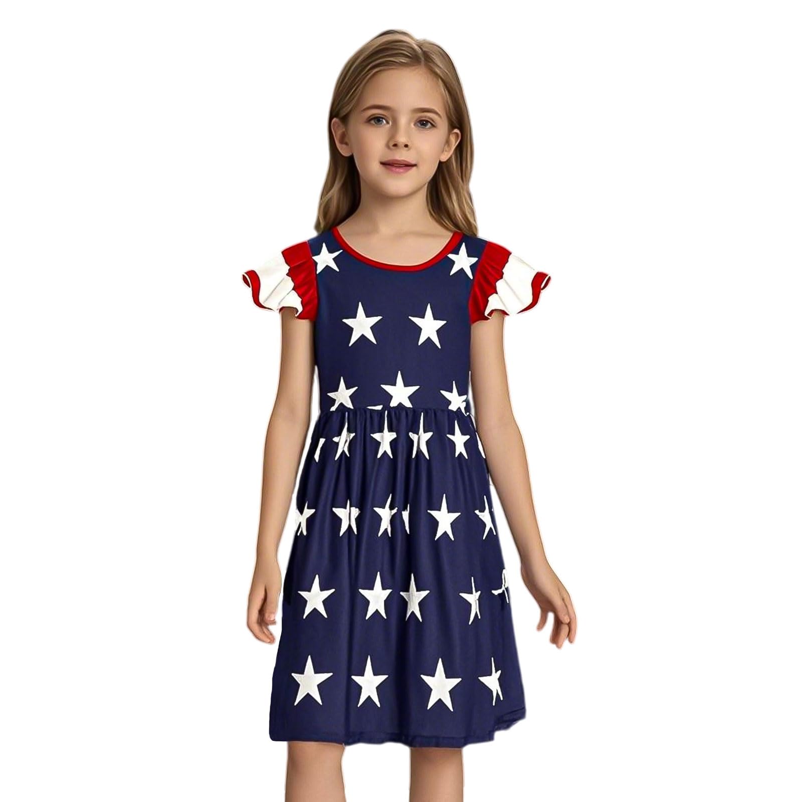 RONGTAI Girls 4th of July Dress Kids American Flag Patriotic Stars Striped Summer A Line Dresses for Kids Independence Day
