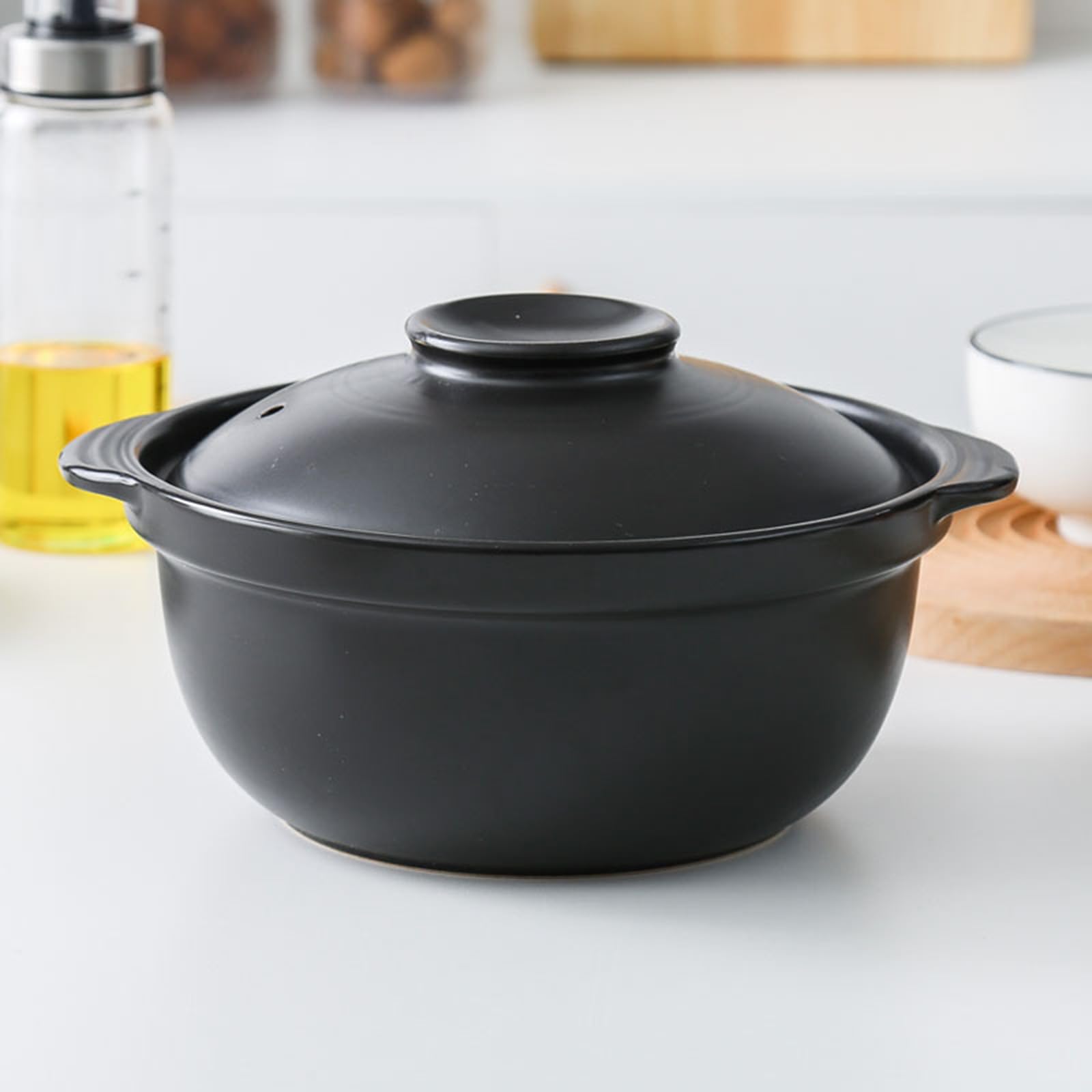 Garnek ceramiczny Gliniany garnek do gotowania Japoński ceramiczny gorący garnek Naczynia kuchenne Płyta kuchenna Garnek do zupy Zapiekanka Garnek do gotowania z pokrywką,Black,22cm