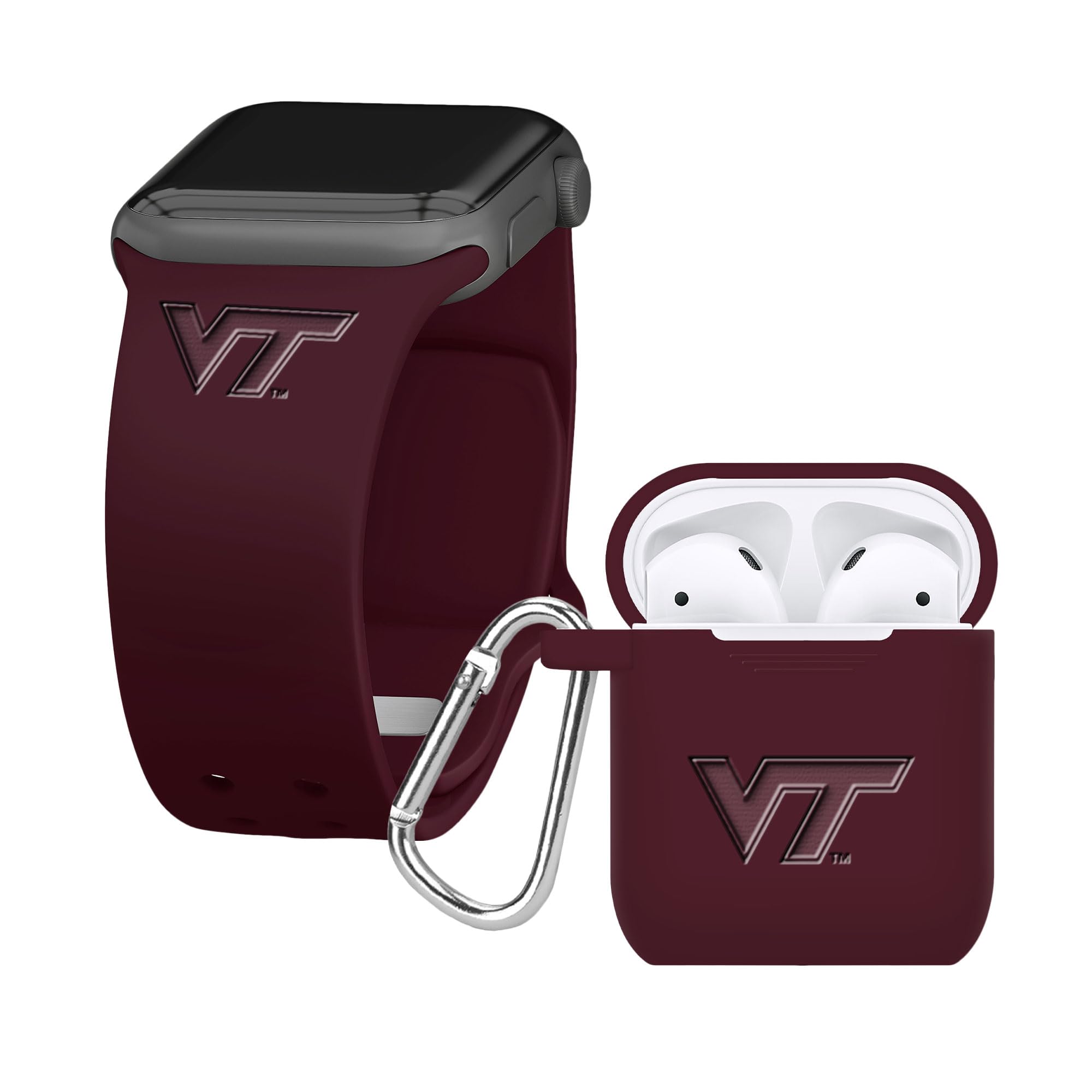 Affinity Bands Virginia Tech Hokies Engraved Silicone Combo Package Compatible with Apple Watch and AirPods Gen 1 & 2 (42/44/45mm Maroon)