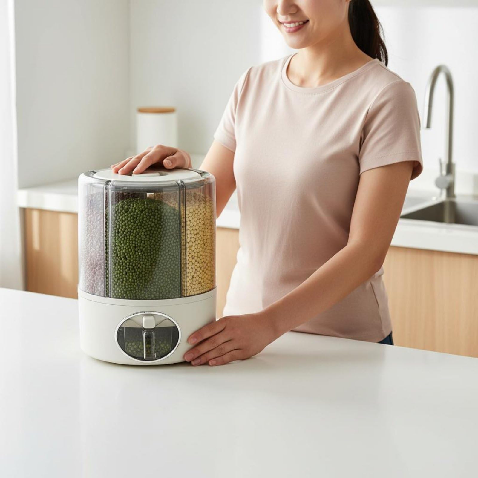 Yajuyi Dispenser di Cereali Contenitore Dosatore tore Organizer Rotante Compatto in PP Trasparente Struttura Sigillata Antiumidità Rotazione Fluida per, Cream, L