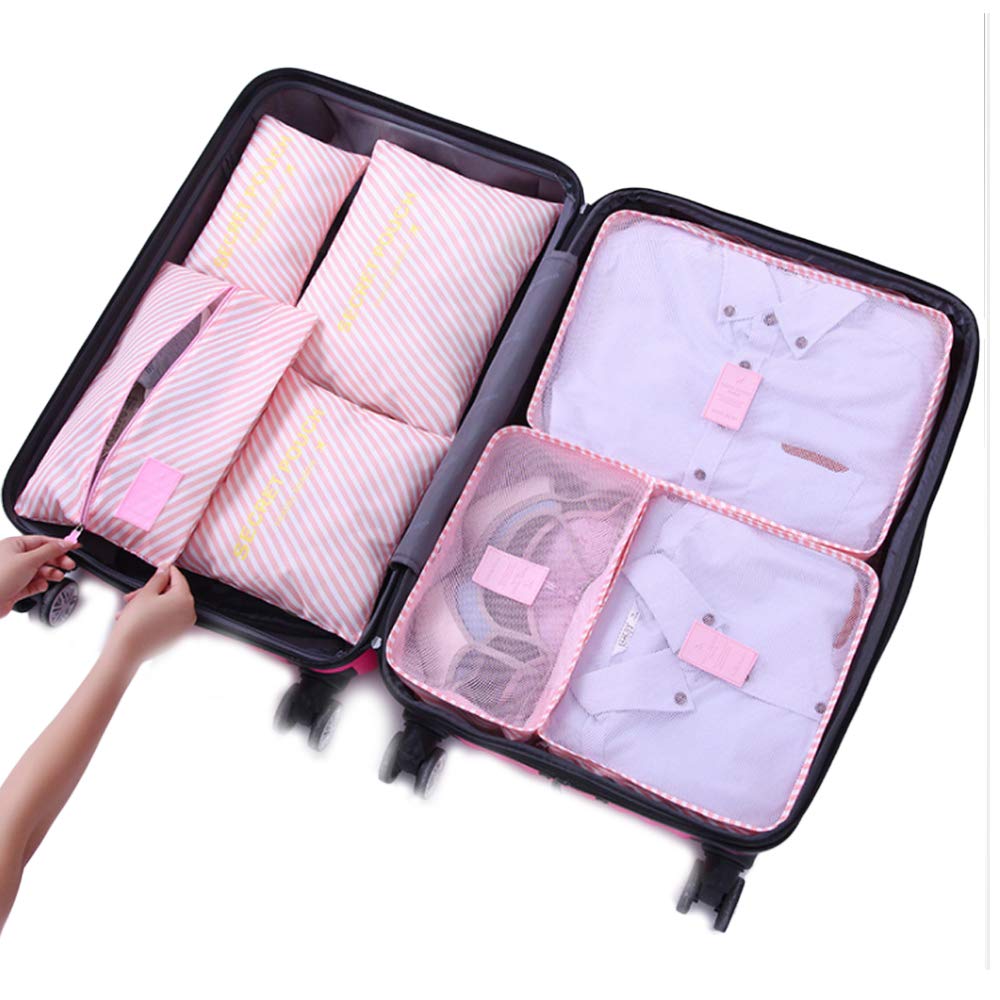 MEGICOT 7 Set Travel Storage Bags, Multi-functional Waterproof Clothing Sorting Packages for Clothes Underwear Shoes (Pink)