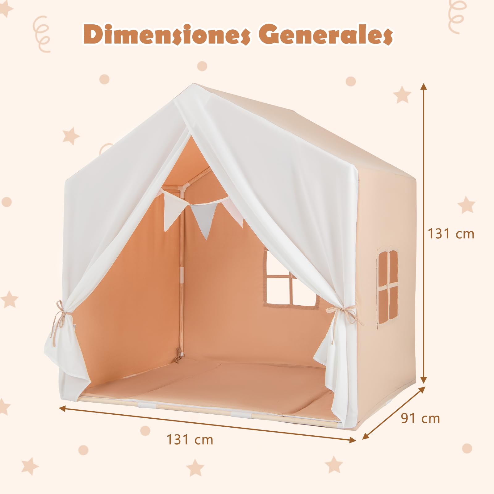 COSTWAY Tienda Campaña Infantil Niña, Carpa de Juegos Infantiles con Colchoneta Lavable y Banderín, Casita para Niños con Ventanas, Cortinas, Estructura de Madera para Niños 3+ Años (Marrón)