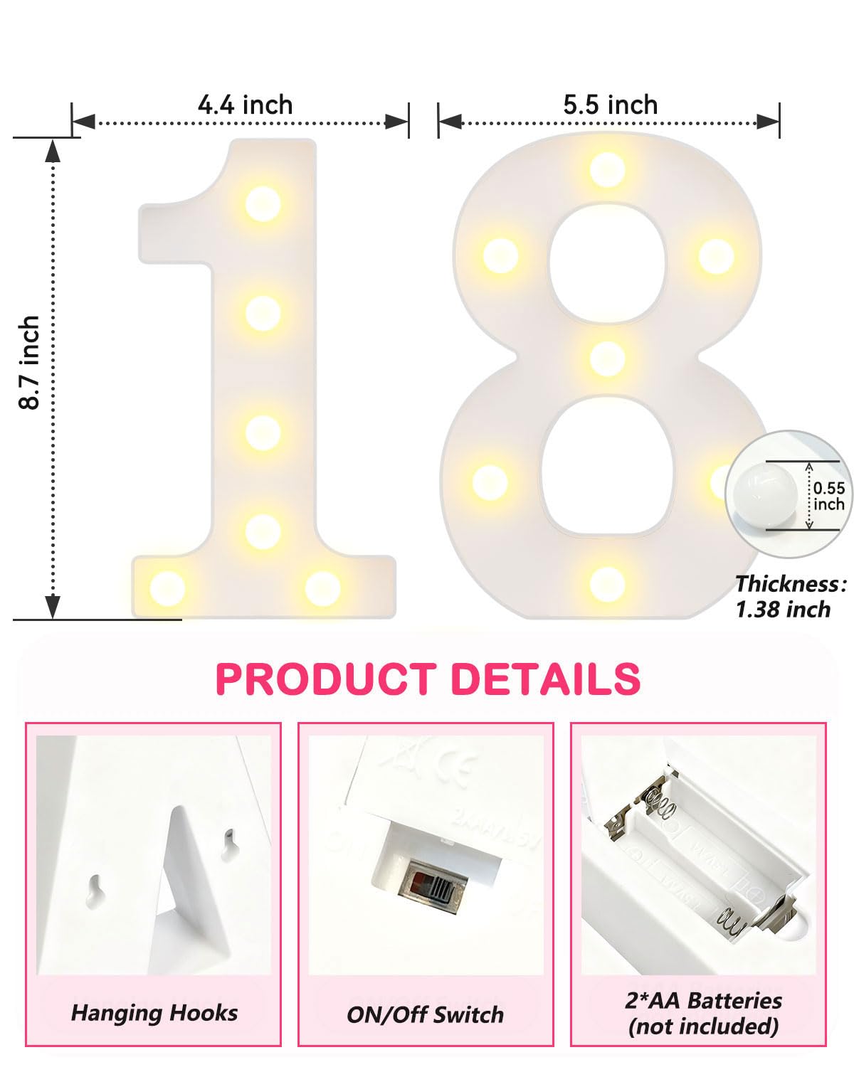 Lampada a LED con numeri con musica Happy Birthday, per ragazzi e ragazze, luce bianca calda, 18, con telecomando per decorazione di compleanno, casa, famiglia, decorazione da parete