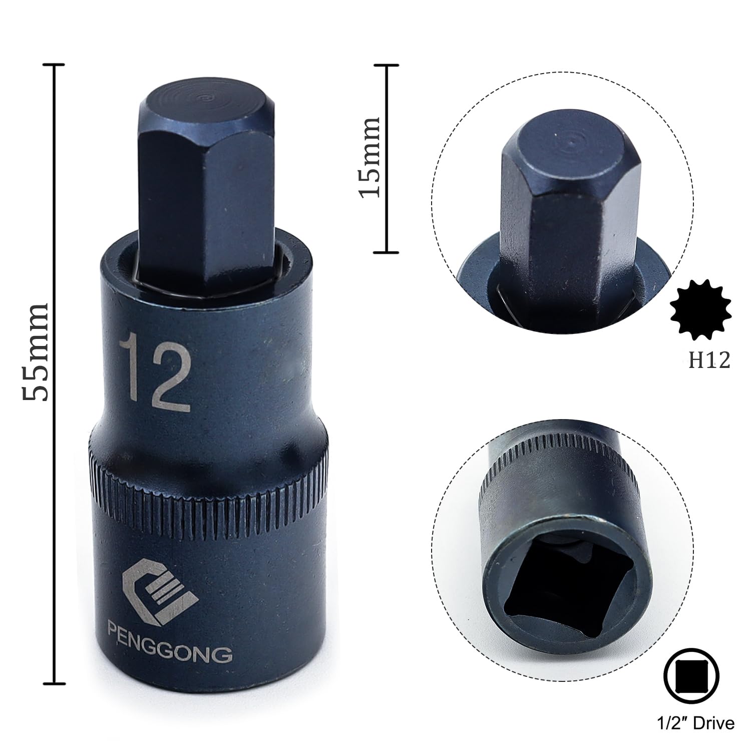 Juttzzei 1/2" Drive x H12 Hex Bit Socket, 12mm Allen Key Square Socket, Premium S2 Steel H12 Hex Bit with 2" Length - Image 2
