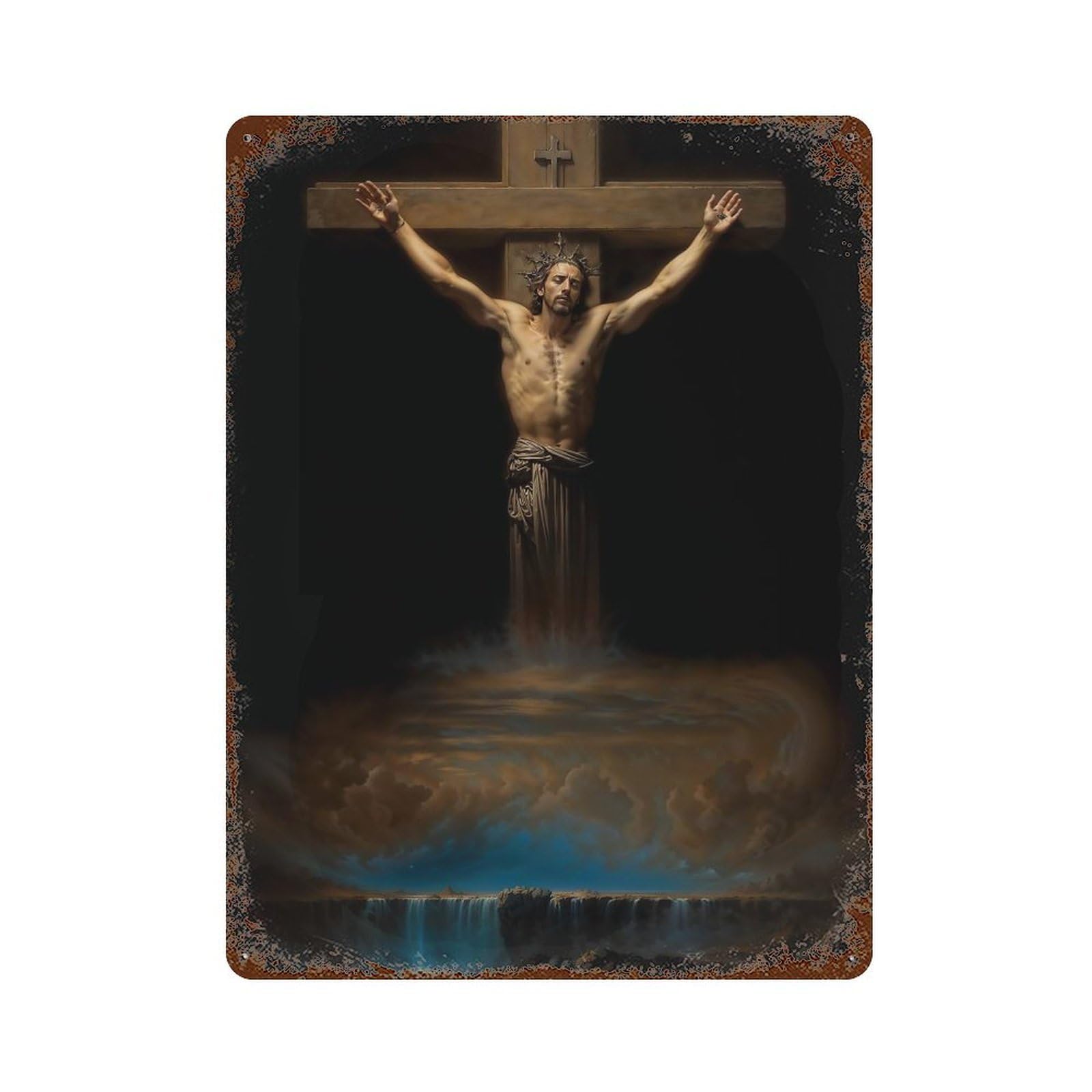 Crucifixion with Waterfall 15.7"x11.8" Rustic Tin Plaque, Industrial Home Decor for Farmhouse, Kitchen And Entryway Decor