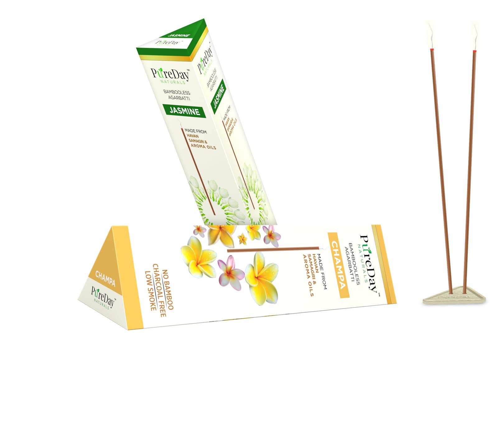 Bambooless Agarbatti | Pack of 2 | 160 Dhoop Sticks | Jasmine - 1 Unit, Champa - 1 Unit | Made with Havan Samagri & Aroma Oil | Free Ceramic Stand