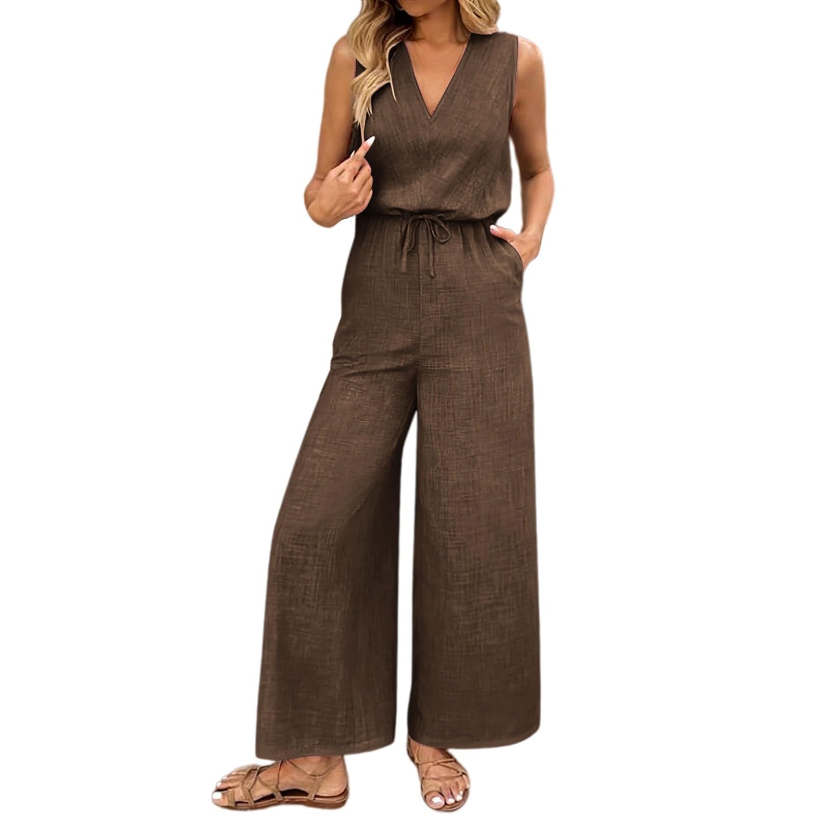 Generisch Tuta da donna a gamba larga, con scollo a V, senza maniche, tuta casual, tuta intera elegante, leggera e traspirante, tuta estiva in cotone per il tempo libero