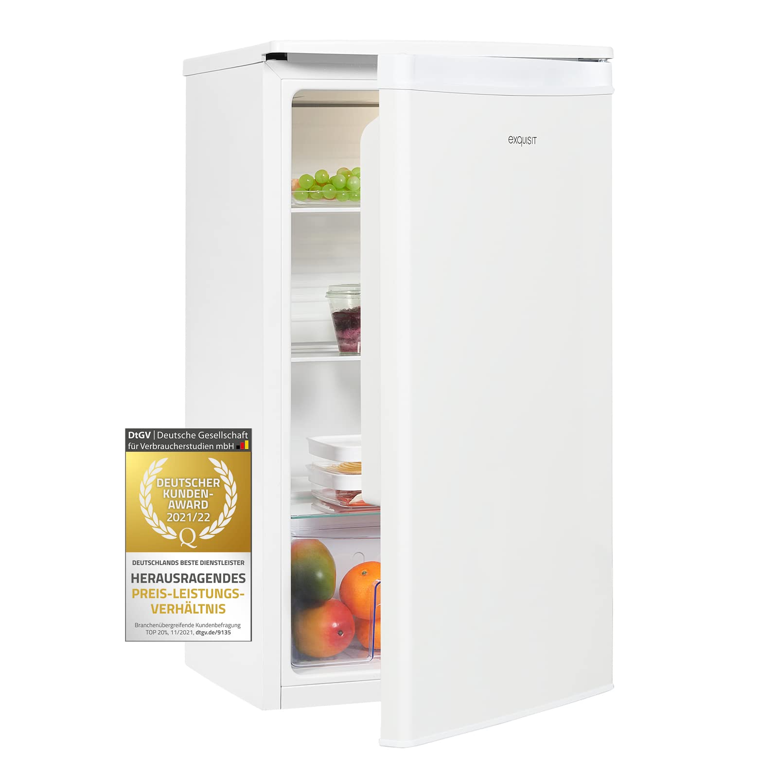 Exquisit® Frigorífico Table Top, 75L, Clase E, Color Blanco, Estantes de Cristal, Puerta Reversible, Tiradores Integrados, Cajón Verdulero, Consumo 84 kWh/año, Medidas 84,3x45x45.4 Cm.