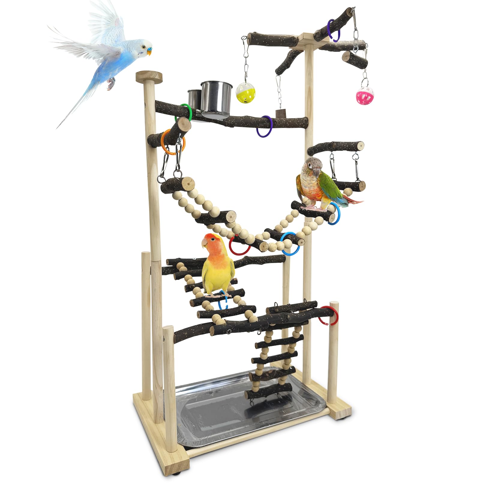 kathson Large Bird Playground - Natural Wood Perch Gym 4 Layers Parrot Playstand Activity Center with Perches Ladder Chew Toys Removable Tray and 2 Stainless Steel Cups for Small and Middle Birds