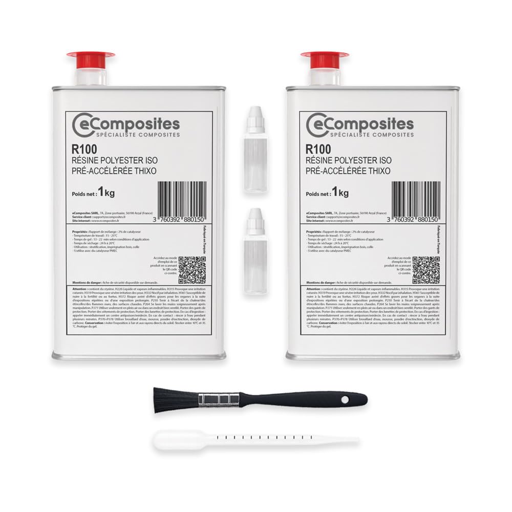 Résine Polyester Iso | 2 kg | + Catalyseur PMEC + Pipette de dosage 3 ml + Pinceau 13 mm - Résine qualité marine pour Bateau, Carrosserie Voiture, Piscine, Bois