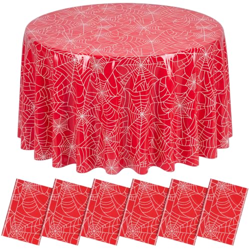 Image of Hahafelt 6 Pcs Spider Theme Plastic Tablecloth 84 Inch | Round Spider Web Disposable Birthday Table Cover, Red and Blue Circular Table Cloth, For Birthday Party Decorations