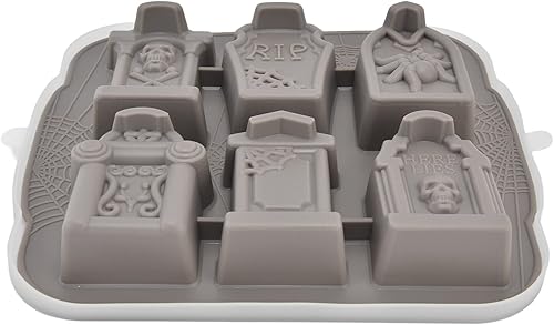 Miniatura 8 de Molde de silicona para Halloween, 6 cuadrículas grises de Halloween, calavera, araña, lápida, molde, caramelo, fondant, mousse, pastel, chocolate,