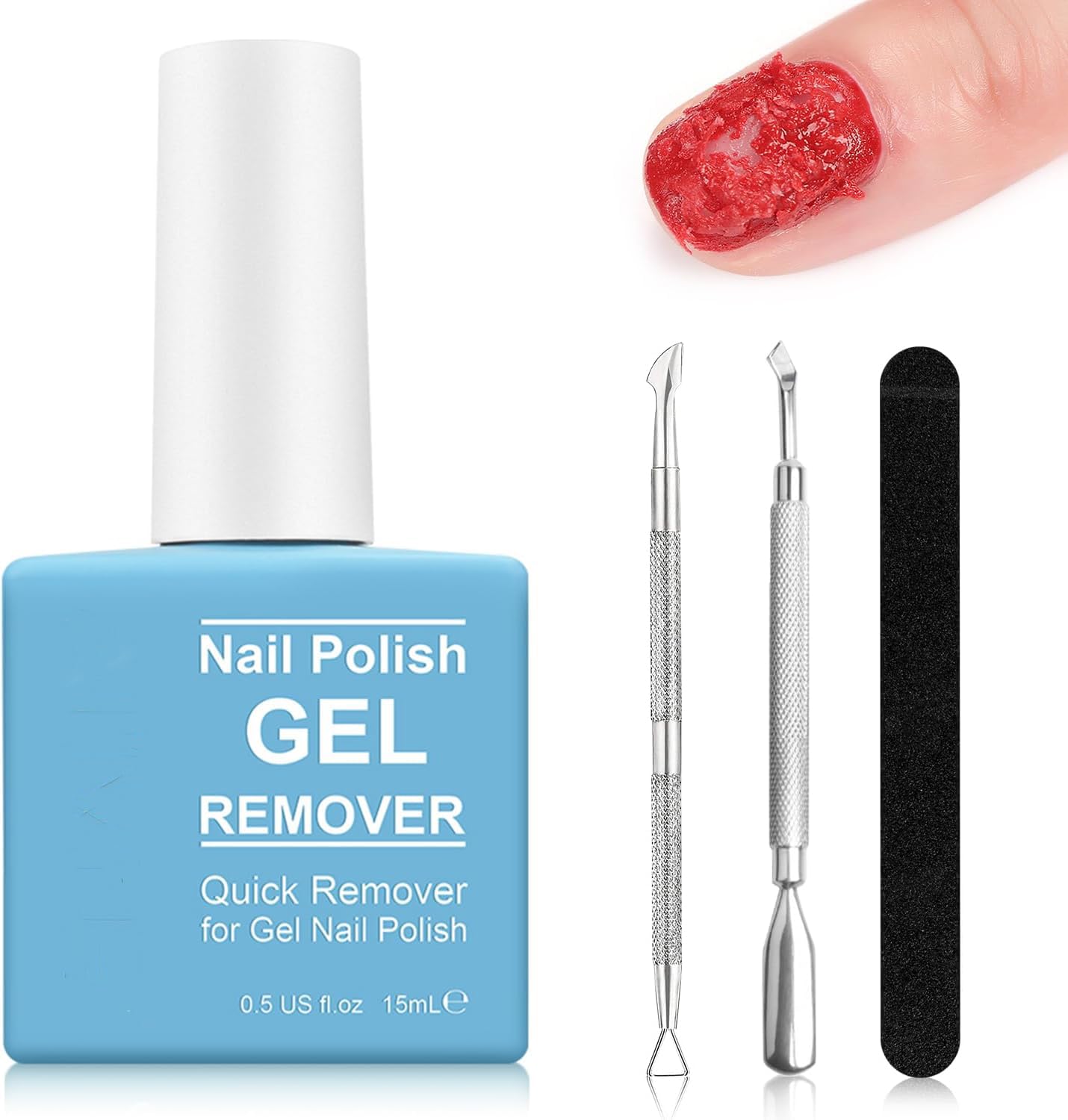 Gel Nail Polish Remover 15ml – Quick Peel Off in 3-5 Mins, No Foil or Soak Needed, Safe for Nails, Removes Gel, Acrylic & UV Polish, Includes Nail File, Cuticle Pusher & Scraper