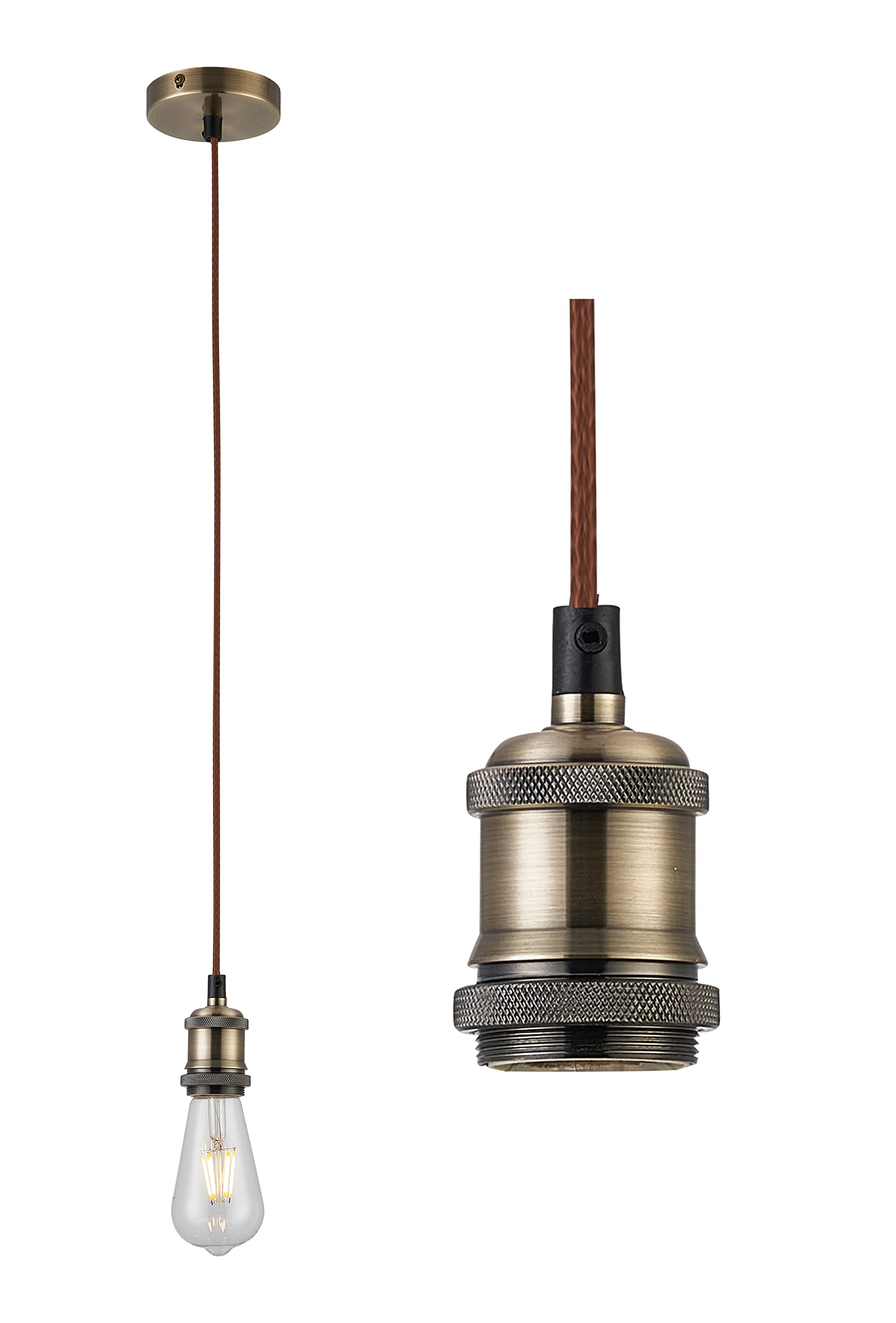 Antique Brass Textile Braided Brown Wire Cable Suspension, E27 Bulb Holder and Ceiling Rose โ image 1