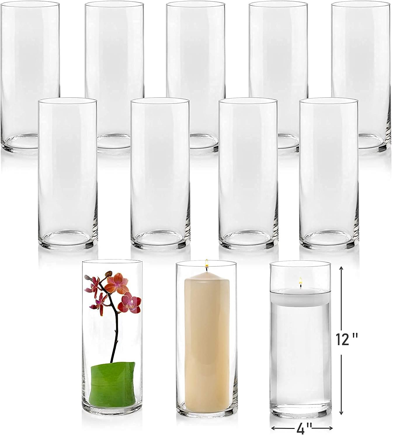 PARNOO Set of 12 Glass Cylinder Vases Inch Tall - Multi-use: Pillar Candle, Floating Candles Holders or Flower Vase – Perfect as a Wedding Centerpieces