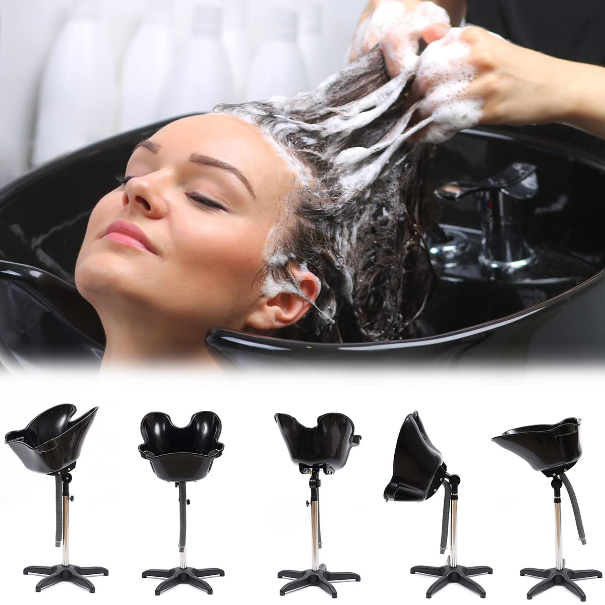 Mobiles haarwaschbecken,Höhenverstellbares Shampoobecken (94-122cm) mit 180°-Drehfunktion & abnehmbarer Stahlstütze,großes Becken (48x50cm) für Friseursalons & Zuhause