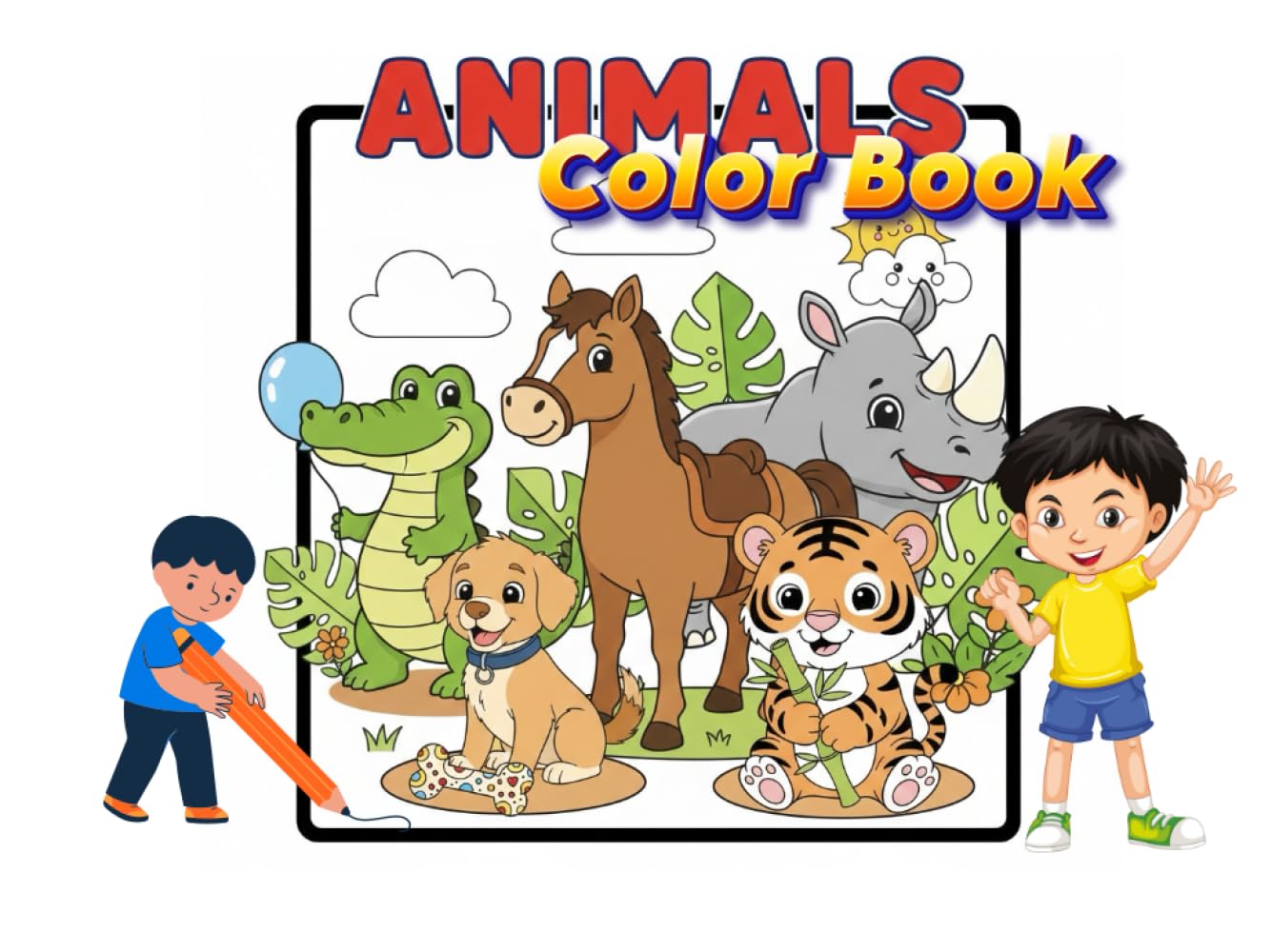 Jumbo Cute Wild and Pet Animals Coloring Book with Animal Names for Kids (Cute Animal Coloring Book by Davalsab ML): Coloring Book for Kids – Includes Animal Names