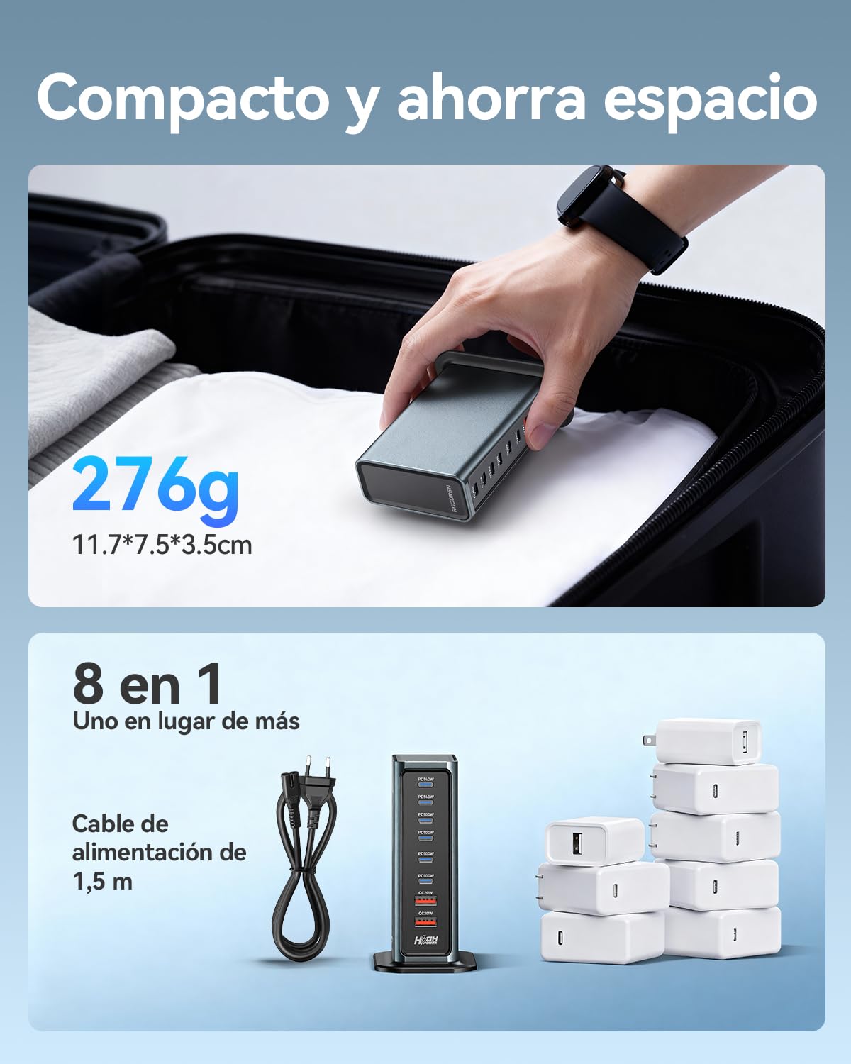 Cargador USB-C Rocoren de 720 W, estación de Carga rápida PD de 8 Puertos y 140 W con 4 USB-C y 2 USB-A, Adaptador de Corriente USB GAN para portátiles, MacBook, iPad, iPhone, Samsung y más