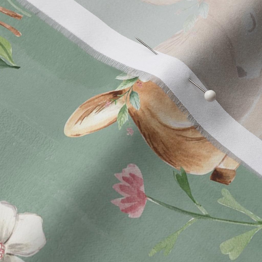 Spoonflower Fabric - Large Deer Flowers Green Woodland Forest Nursery Fawn Animal Printed on Organic Cotton Sateen Fabric by The Yard - Sewing Quilting Apparel Home Decor