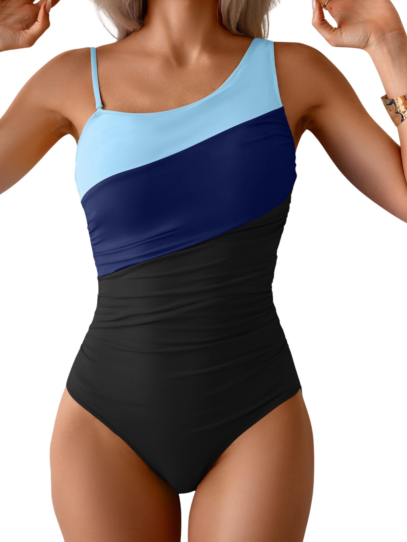 Aidonger One Shoulder One Piece Swimsuit for Women Tummy Control Bathing Suits Color Block Ruched Swim Suit Slimming Swimwear