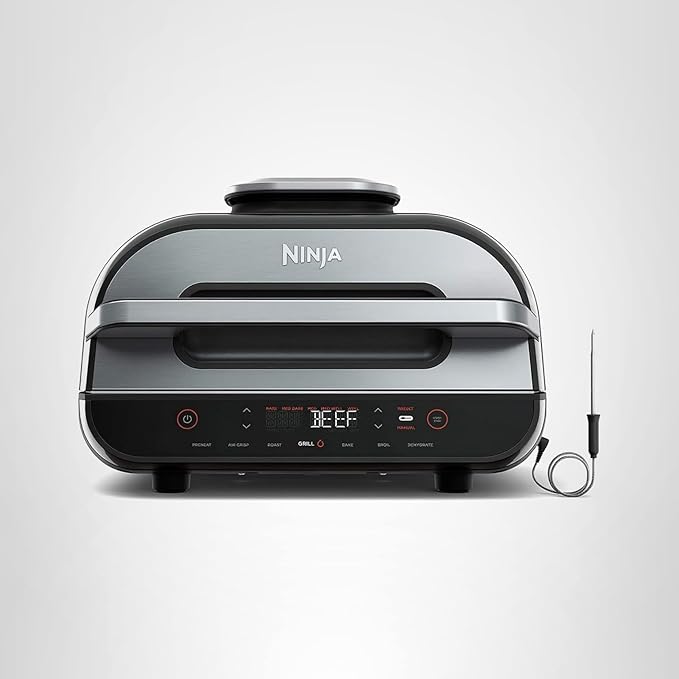 Ninja | Indoor Grill and Air Fryer| Foodi Smart XL | 6-in-1 Grill, Air Fry, Roast, Bake, Broil, Dehydrate & Crisp |Smart Thermometer & Splatter Shield | Dishwasher Safe Parts | Black/Silver | FG551