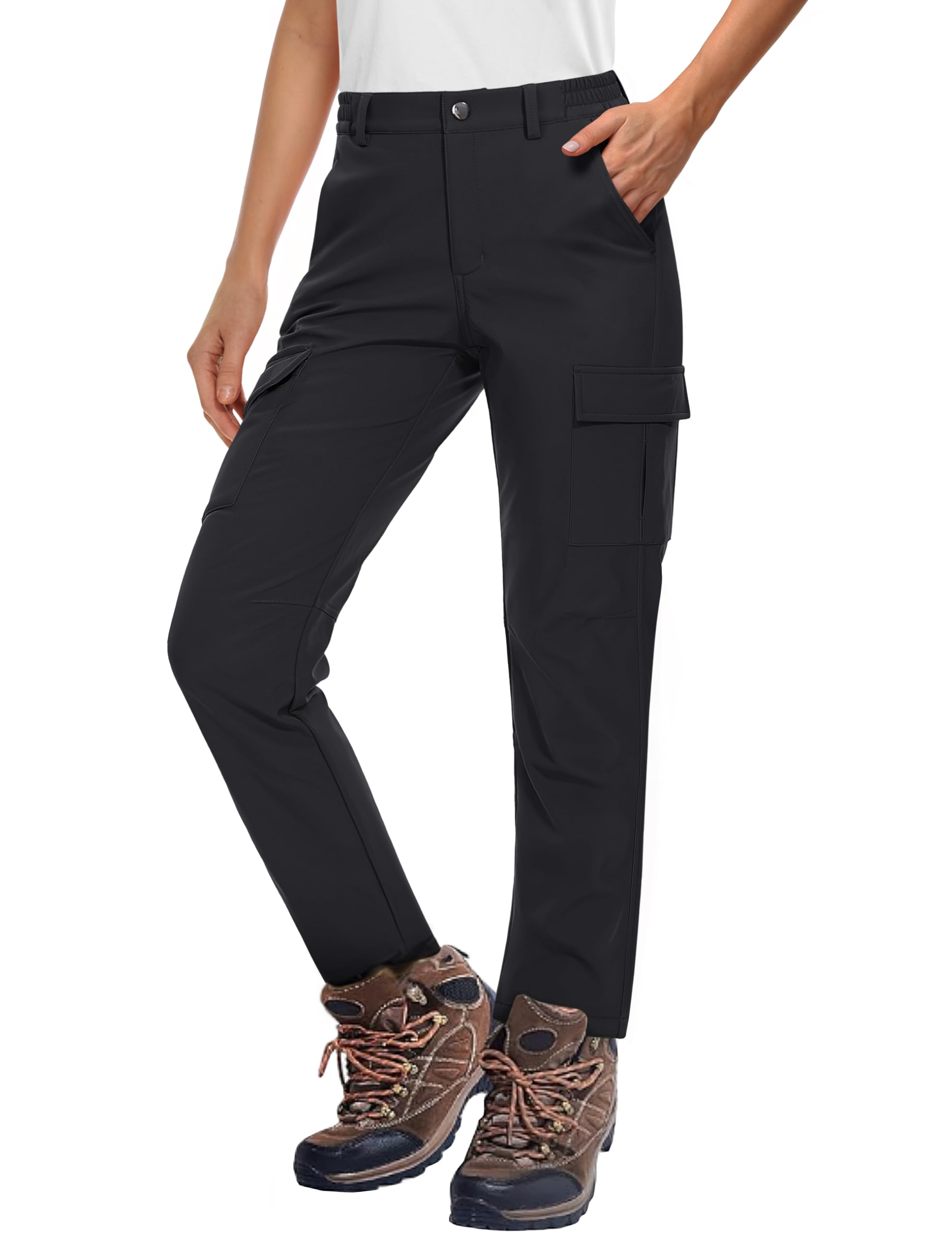 MAGCOMSEN Womens Fleece Lined Outdoor Snow Ski Pants Waterproof Insulated Winter Hiking Hunting Softshell Pants Black, M