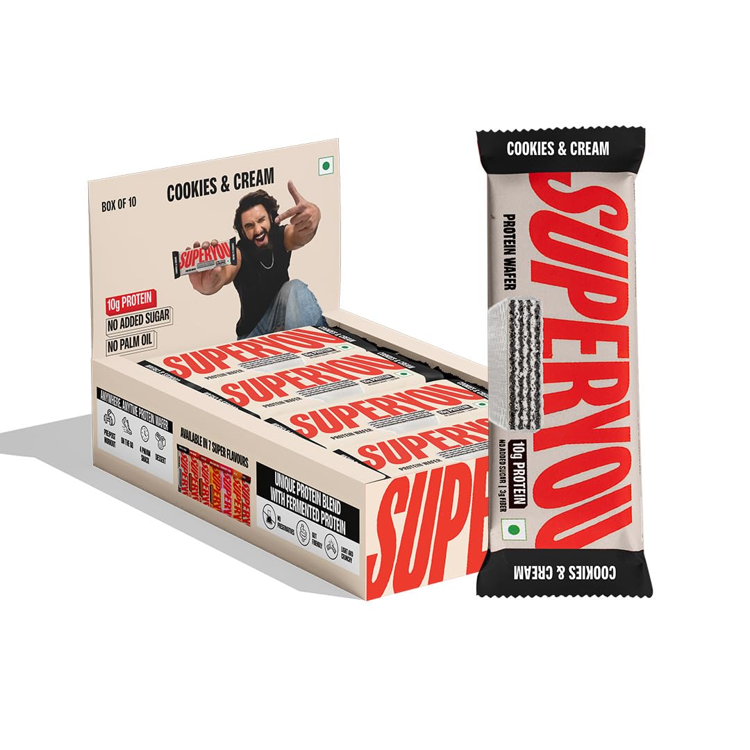 SuperYou Cookies & Cream Protein Wafer Bars (Pack of 10)|10g Protein, 3g Fiber, No Added Sugar|Yeast Fermented Protein|Energy Bars|Crunchy Wafer Bar|100% Vegetarian|No Palm Oil|400g