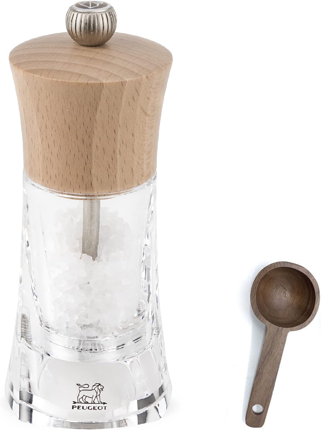 Peugeot - Oleron Manual Mill Salt Mill- Transparent Adjustable Grinder - Acrylic and Beechwood, Natural, 5.5 Inches - With Wooden Spice Scoop Spoon