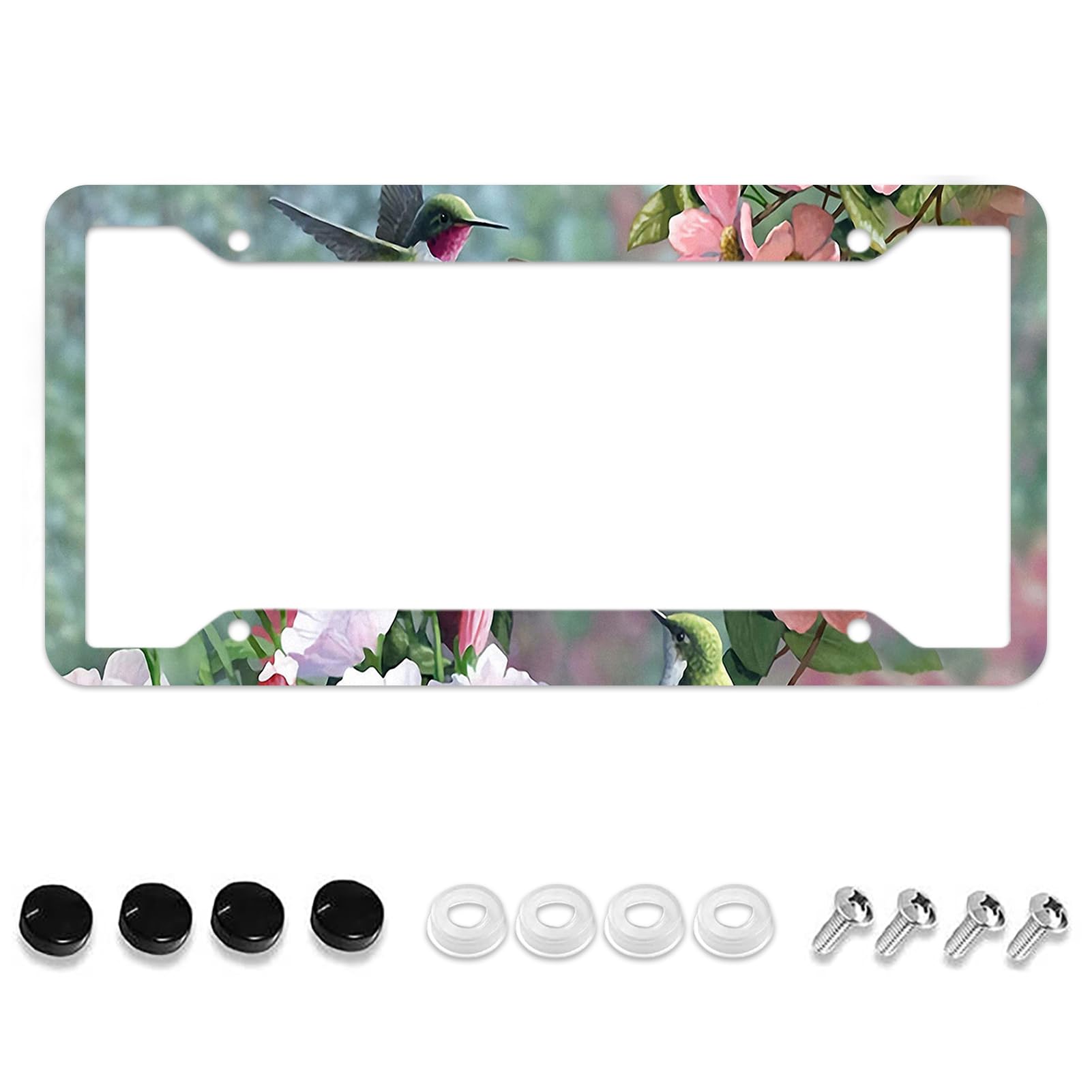 LOVEJIAHummingbirds Green License Plate Frame, Flower License Plate Frames for Women Man, Cute Car License Plate Holder Funny Car Tag Frame Decor 4 Hole (RDL-76)