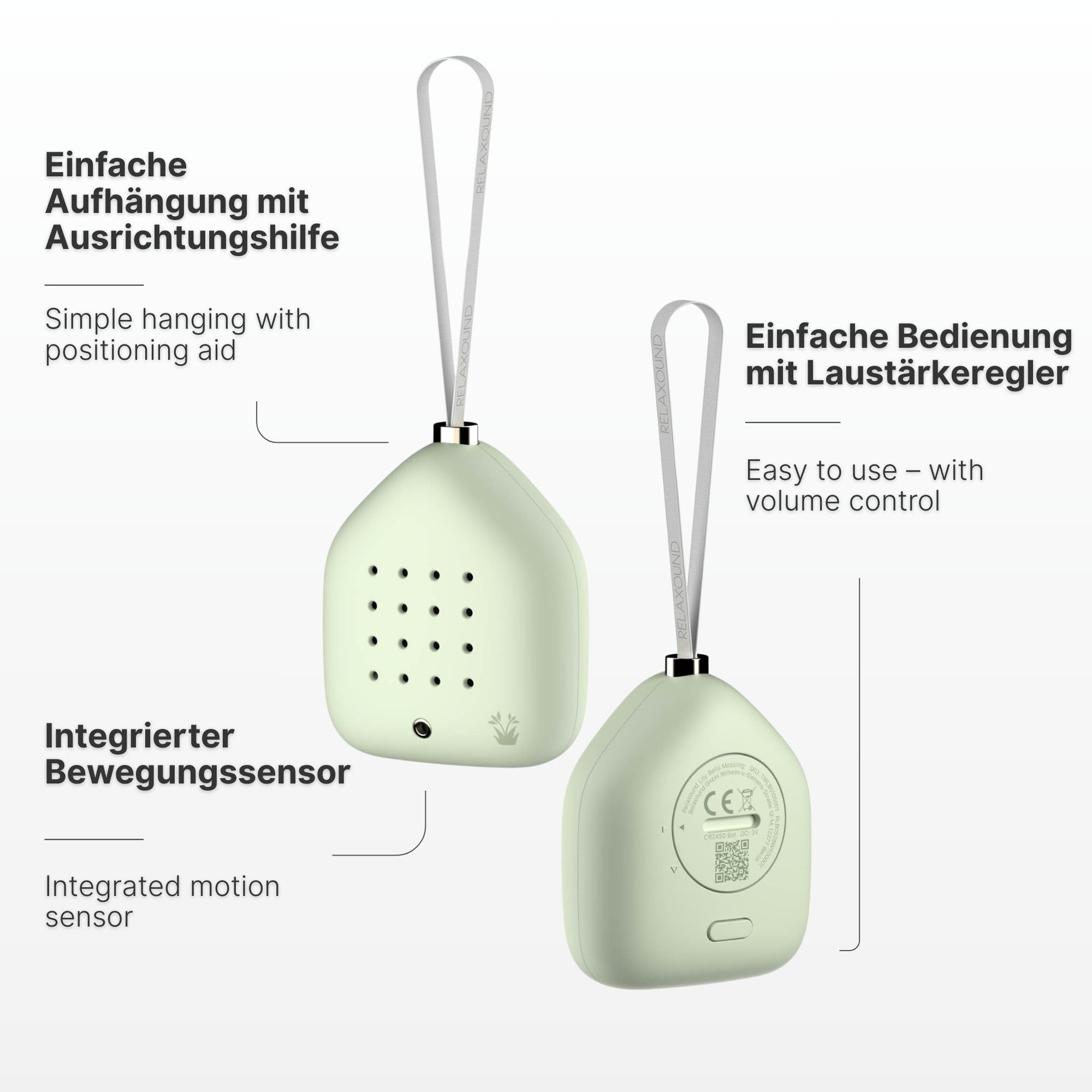 RELAXOUND Lily Bells – Dekorativer Klanghänger mit Bewegungsmelder, sanftes Vogelgezwitscher, Chimes & Wasserklänge – Entspannung für Zuhause, stilvolle Geschenkidee - Mossling - Grün (Pastell-Grün)