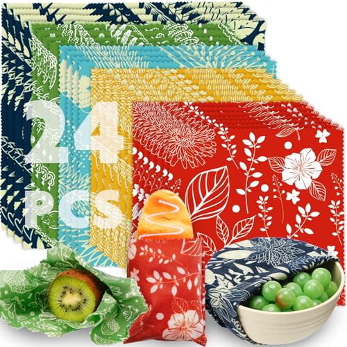 Moukeren-24-Pcs-Beeswax-Wraps-for-Food-Reusable-Beeswax-Wrap-Beeswax-Food-Wraps-Beeswax-Wrap-Cloth-with-Flowers-Leaves-Patterns-for-Kitchen-Cooking-Sandwich-Food-Storage-12S-8M-4L