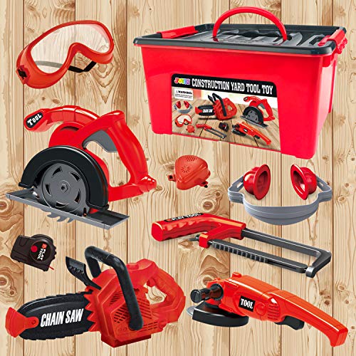 JOYIN 8 Pieces Construction Tool Toy Playset Power Backyard Constructions Tool Kit Pretend Playset Including Realistic Toy Chainsaw in Convenient Storage Box