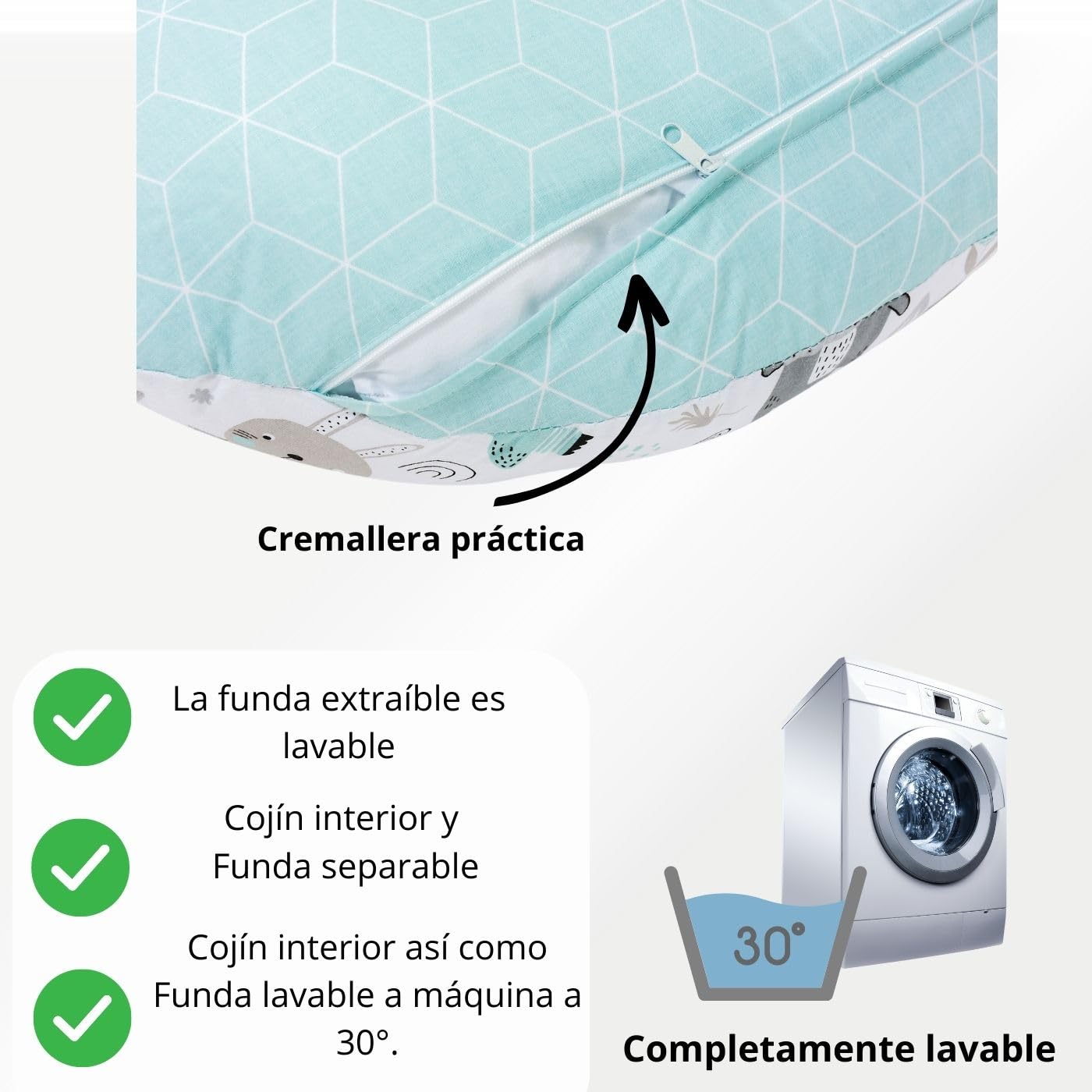 Bellochi Amohada Embarazada para Gemelos - Algodón - Cojin Lactancia con Funda - 40x60 cm - Almohada de Posicionamiento del Bebé - Animaland