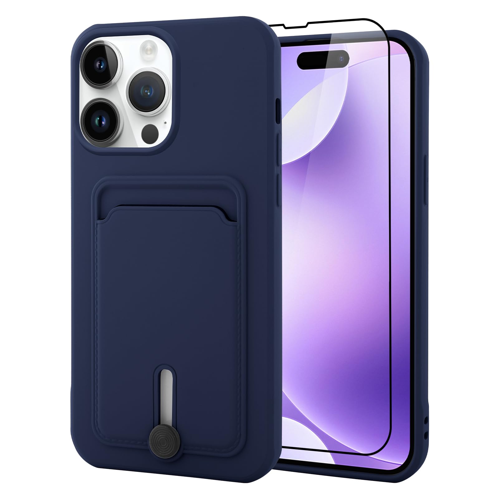 MZELQ TPU Wallet Compatible with iPhone 15 Pro Case, Card Holder Camera Protection Cover + Screen Protector, Push-able Slot for Girls Women -Blue