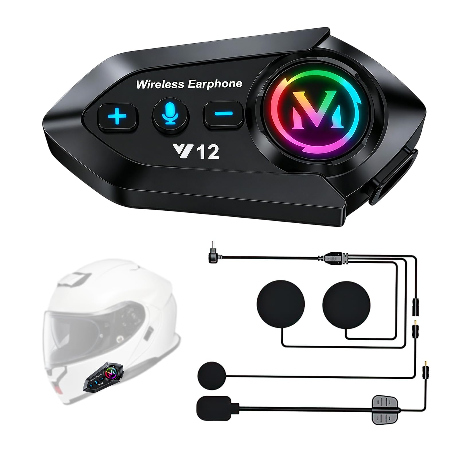 Écouteurs Moto Bluetooth 5.4, Kit Casque Moto Double Suppression du Bruit avec Assistant Vocal, IP65 Étanche, Éclairage RGB Appels HD, HiFi Musique et Navigation en Même Temps pour Tous les Casques