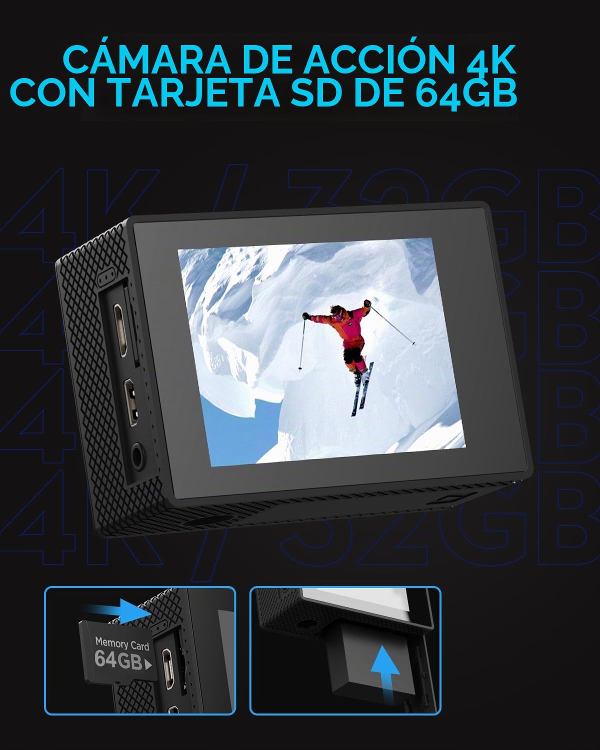 Cámara Deportiva 4k 30fps con Tarjeta SD 64G, 131ft Cámara Acuatica Cámaras Video 20MP Pre-grabación WiFi Cámara 170° Control Remoto Cámaras Accion con 2 Baterías Soporte para Casco Kits de Accesorios