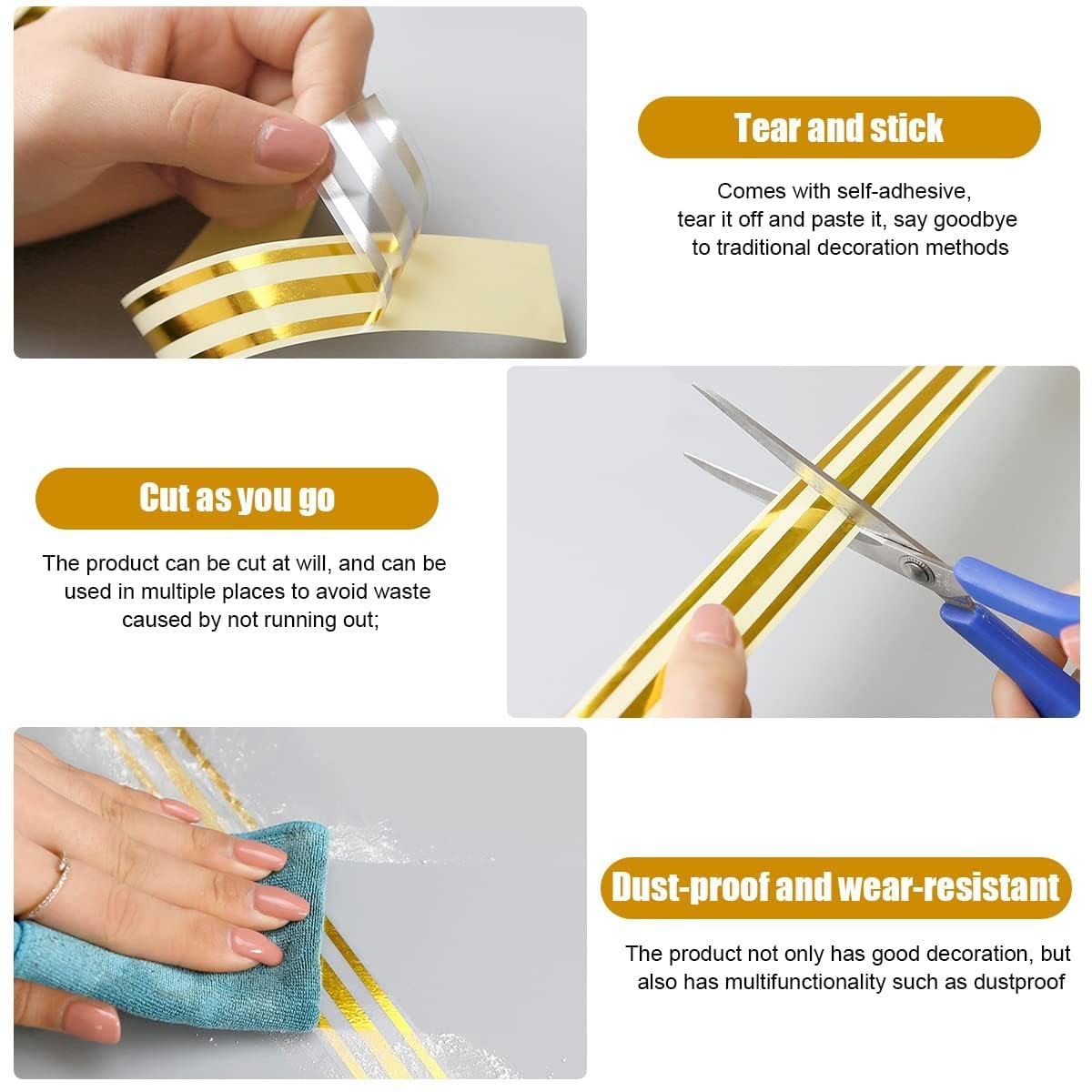 YEKDA Home Tile Sticker Waterproof Gap Sealing Tape Strip Self-Adhesive Decoration Tape for Floor Tiles and Wall Decor Tape (Golden Tape - 2.5CM*5M) 2