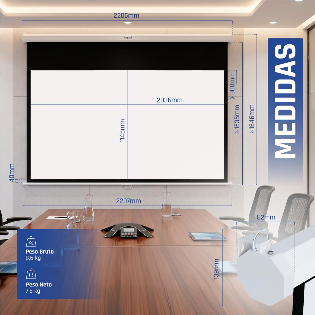 iggual Pantalla Proyección 92" Pulgadas- Enrollable Manual Panorámico- Formato 16:9- Ángulo Visión 180º- Altura Ajustable- Apto Pared/Techo- Compatible 4K y Cualquier Proyector, (203x114 cm)
