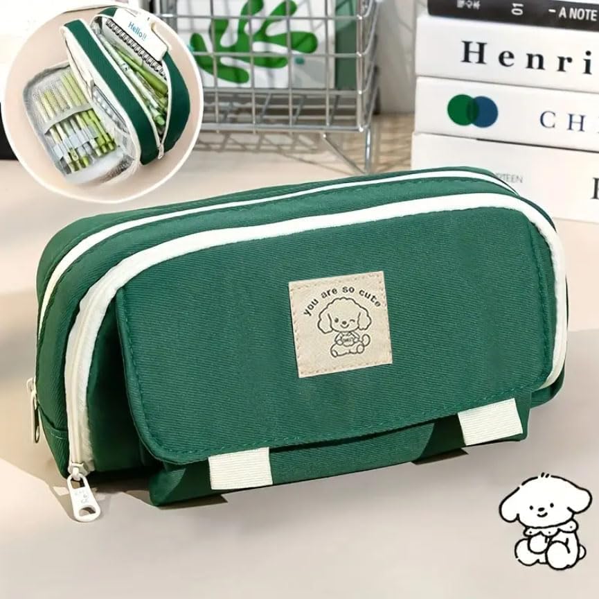 Image of Canvas School Bag Pencil Case, 3 Layer 6 Compartment Large Capacity, Aesthetic Pencil Pouch for Stationary, Cute Stationery for Kids, Pencil Case for Girls & Boys (Kimi Land Green)