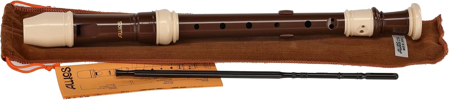 Aulos C-Soprano Recorder Bel Canto Mod.105A baroque pocket, Cleaner/Wiper, fat-box and fingering chart, brown/ivory colored (700078)