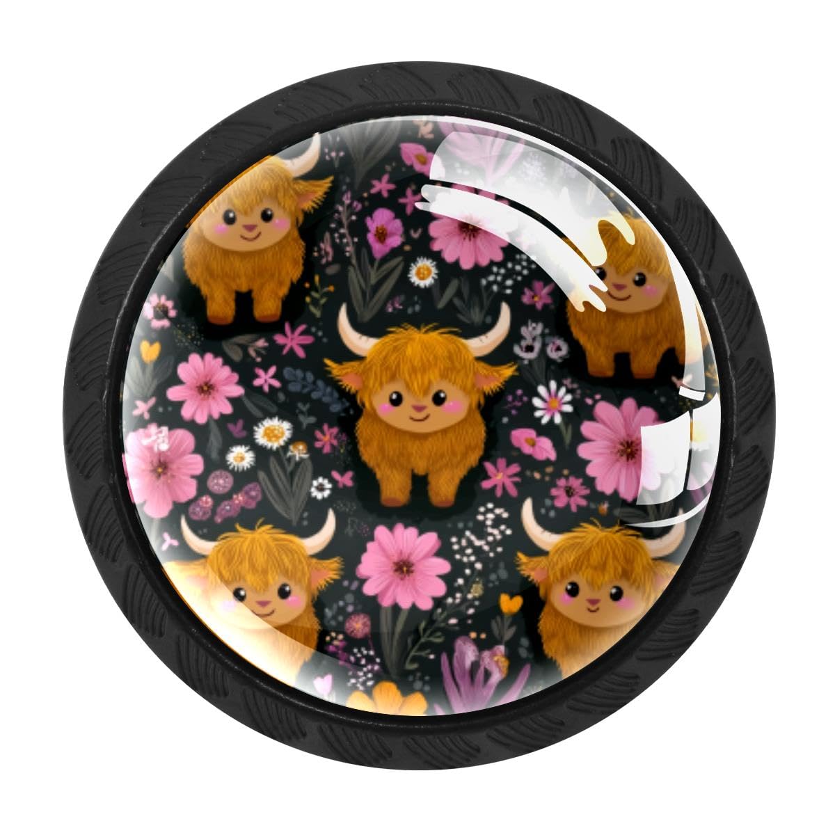 HEOEH 4 PCS Cabinet Knobs, Highland Cow Flower Drawer Knobs Dresser Handles