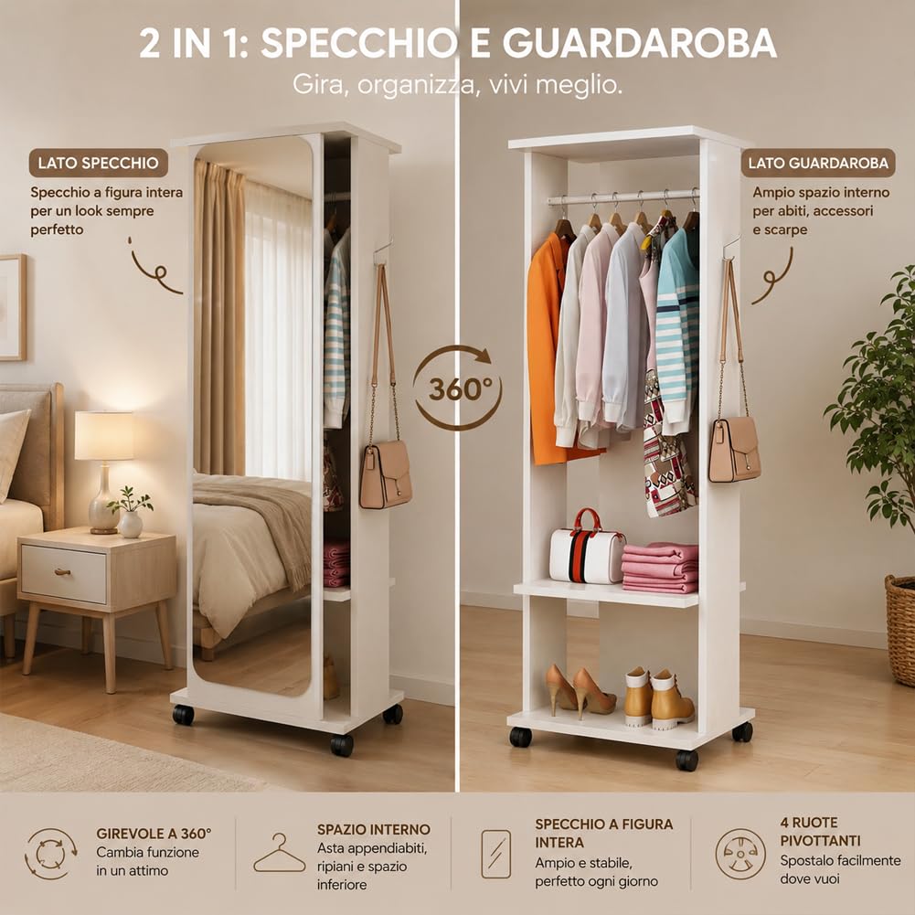 Shally Dogan Guardaroba Girevole con Specchio e 4 Ruote, Armadio Appendiabiti Salvaspazio per Casa, Ufficio, Camera da Letto, Monolocale, Organizer per Vestiti in Legno Robusto Bianco 54 x 40 x 170 cm