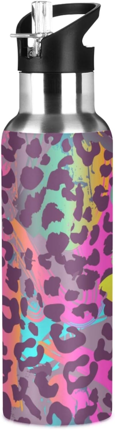 RELEESSS Botella de agua de acero inoxidable con estampado colorido de animales, termo aislado al vacío, termo para deportes, gimnasio, viajes, trabajo, multiusos, 600 ml