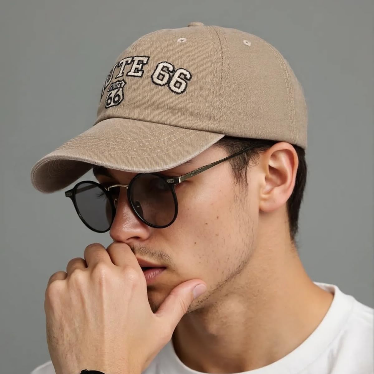 Gorras de béisbol Vintage de algodón Lavado para Mujeres y Hombres, Classic Route 66 Bordadas, protección Solar, Caqui, Medium/Large
