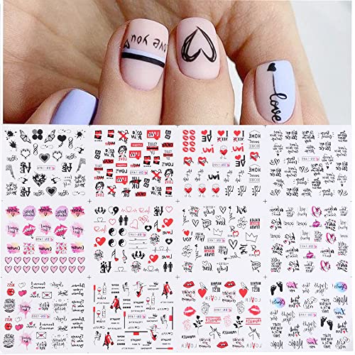 Valentines Nail Art Stickers Water Transfer Nail Decals Love Heart Lip Letters Design for Women Girls Manicure DIY Nail Decorations 12Pcs